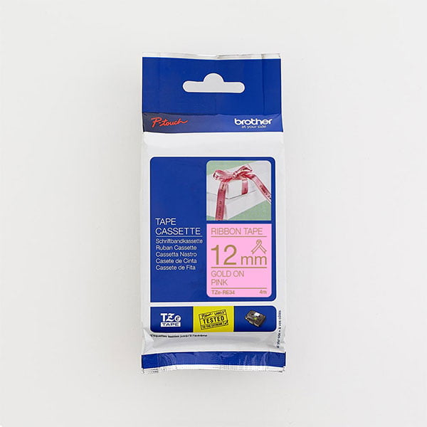 Pro Tape Range TZe-RE34_Gold-on-Pink--Ribbon-Tape_12mm---web